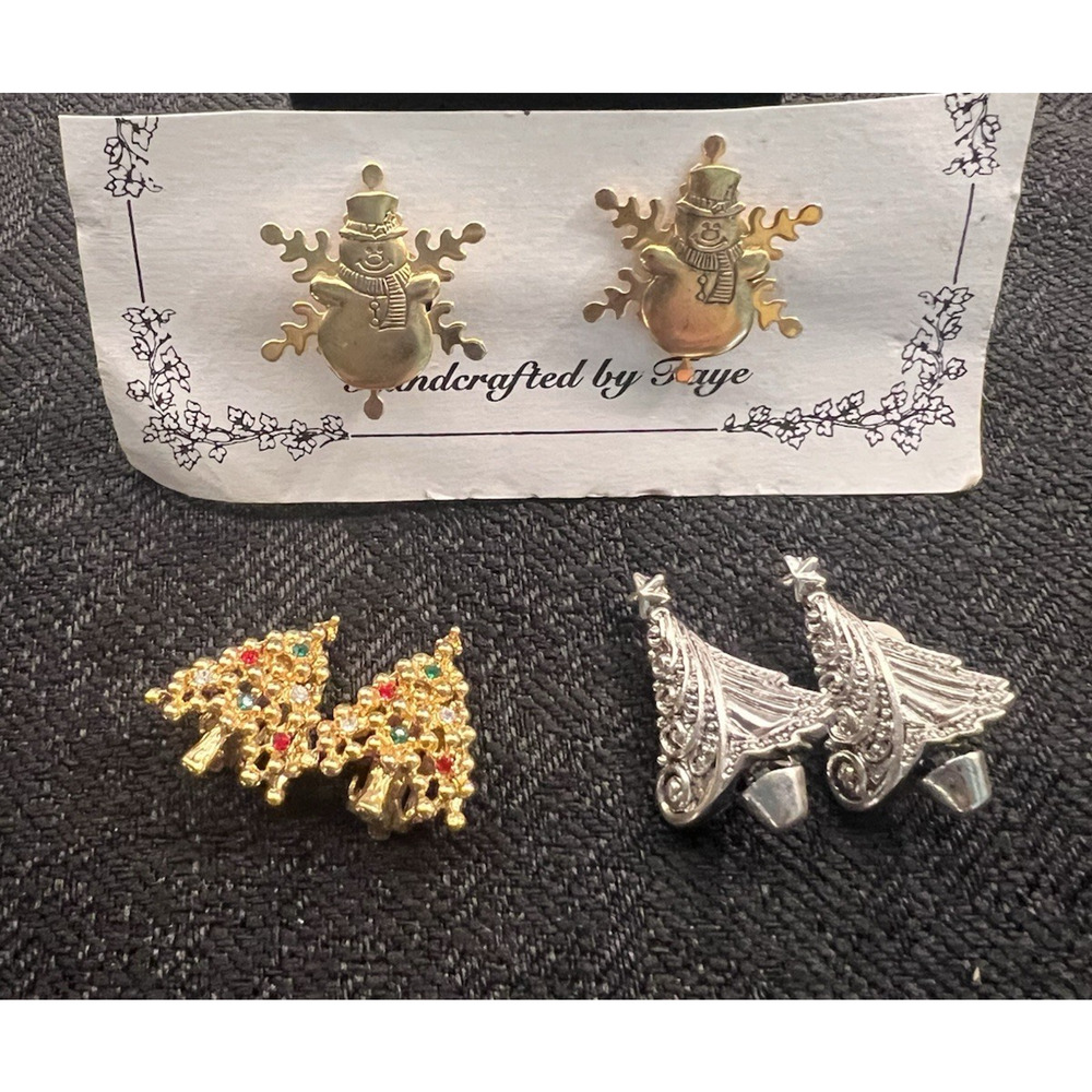 Vintage Lot of 3 Christmas Clip-on Earrings Rhinestones Tree Snowman